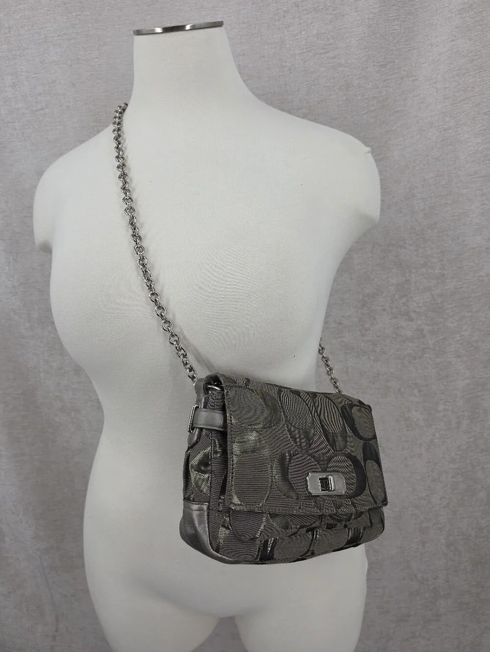 Coach Signature Canvas Jacquard Shoulder Bag in Metallic Pewter Chain Straps